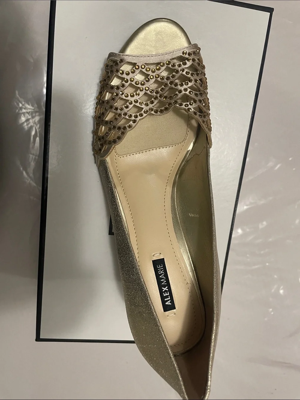 New Alex Marie Gold Peep-Toe Low Wedge Heels.